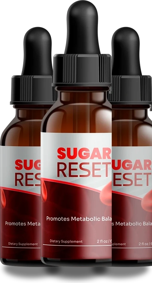 Three SugarReset amber dropper bottles with black droppers and maroon and white labels, brand render